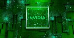 Nvidia supercomputer, green abstract chip with the name of technology company