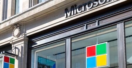 Microsoft logo on window of building