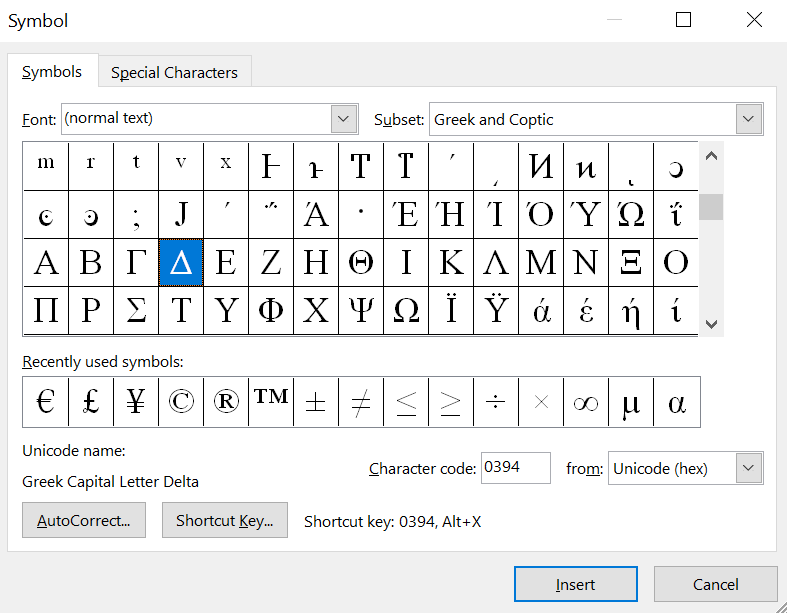 You can find the delta symbol in the Advanced Symbols library in Microsoft Word.