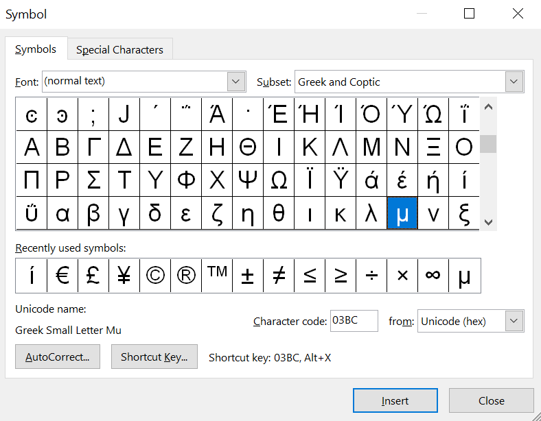 You can find the mu symbol in the Advanced Symbols library in Microsoft Word.