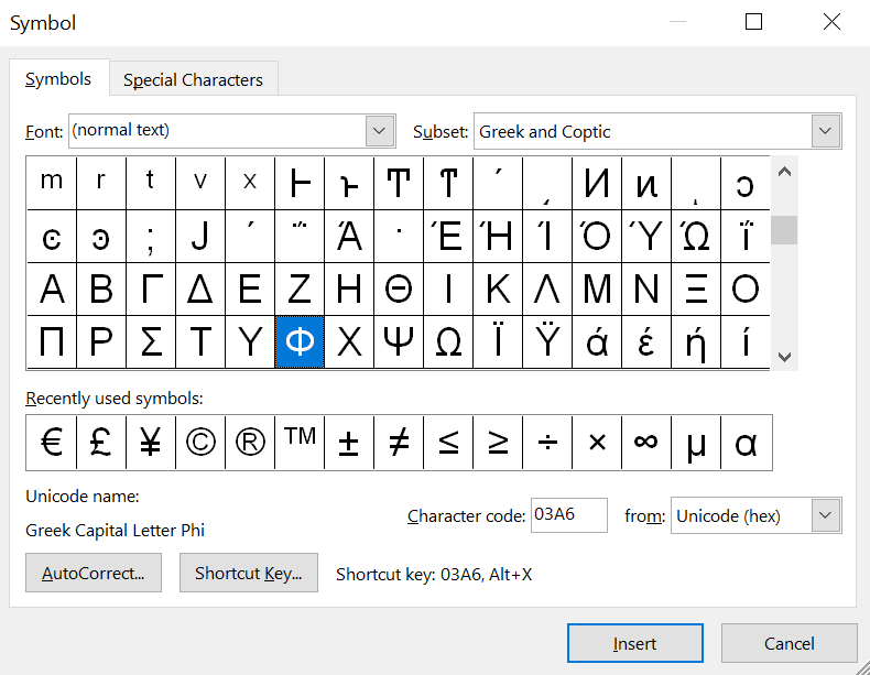 You can find the phi symbol in the Advanced Symbols library in Microsoft Word.